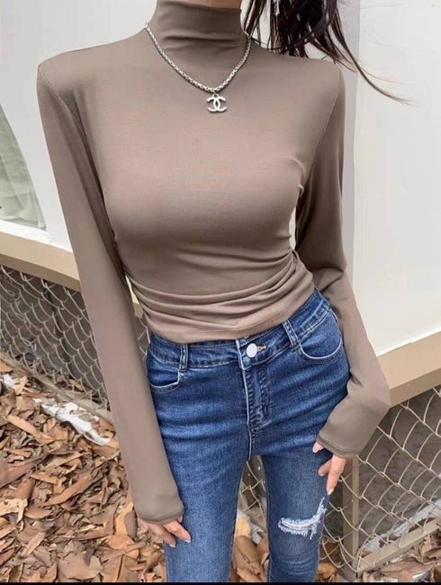 Women Solid Color High Neck Long Sleeves FittedTops